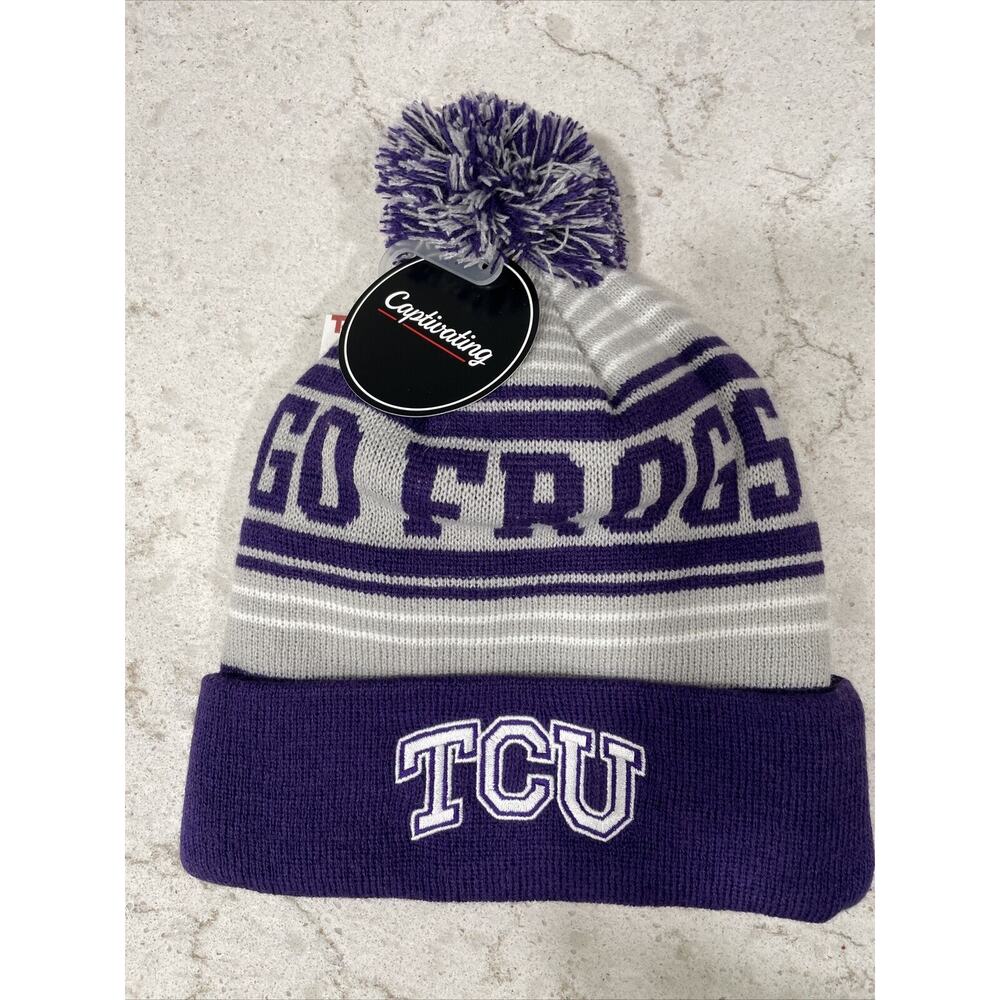TCU “Go Frogs” NCAA Double Knit Cuffed Beanie With POM Purple & Gray Unisex NEW